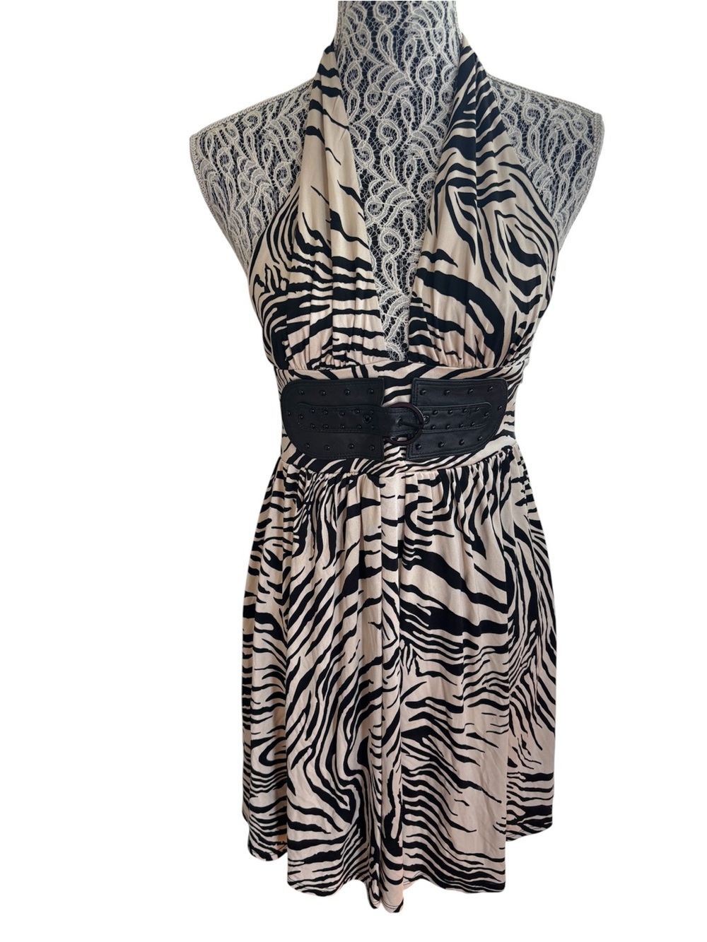 Marciano Zebra Print Halter Dress with Wide Black Belt Detail